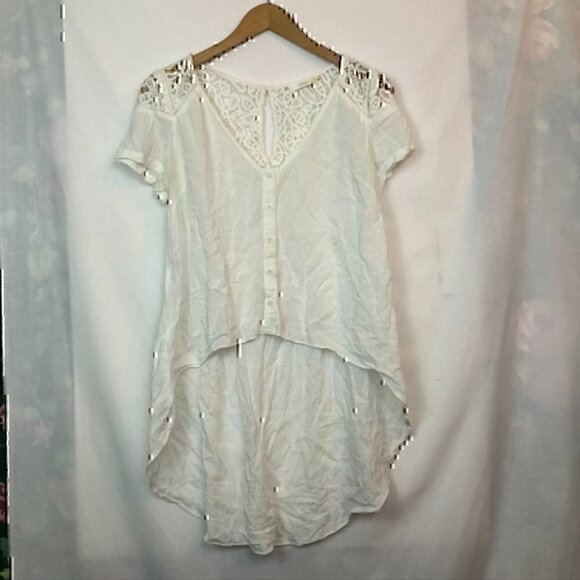 MILLAU LF White Crochet Lace High Low Hi-Lo Sheer Rayon Cotton Button Top Blouse - Picture 2 of 10
